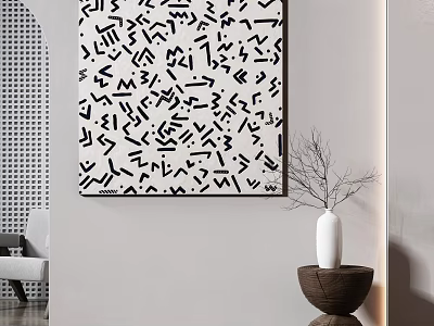 Black And White Abstract Wall Art With White Vase On Brown Base In Minimalist Interior 3d model