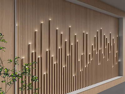 Modern Wooden Accent Wall With Vertical Slats And LED Strip Lights 3d model