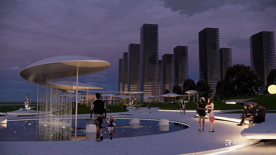 Evening Commercial Landscape With Tall Modern Buildings Circular Fountain Pedestrian Plaza And Ambient Lighting 3d model 