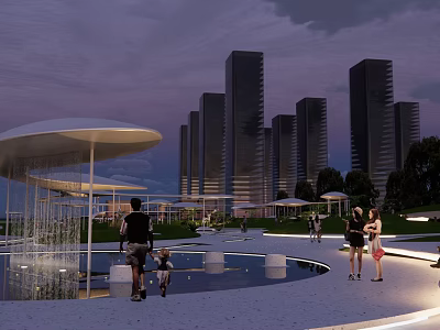 Evening Commercial Landscape With Tall Modern Buildings Circular Fountain Pedestrian Plaza And Ambient Lighting 3d model