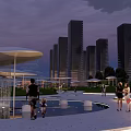 Evening Commercial Landscape With Tall Modern Buildings Circular Fountain Pedestrian Plaza And Ambient Lighting
