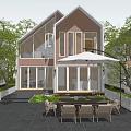 Modern Detached House Exterior With Large Windows Patio Dining Set And Green Trees