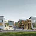 Modern Multiple School Buildings With Green Sports Field Trees And Roads