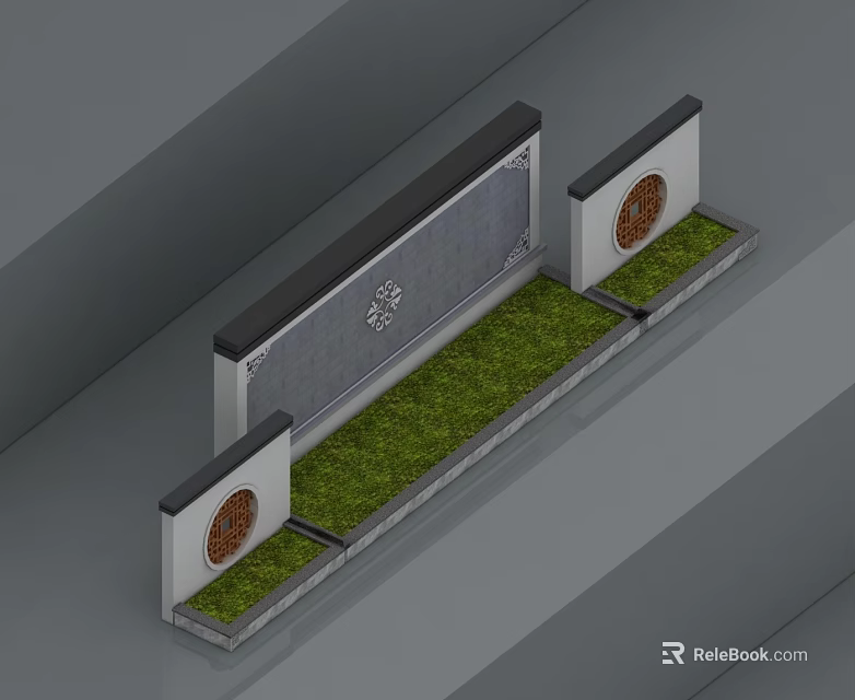 Chinese Style Side Hinged Door Design With Gray Wall Circular Window And Green Lawn 3d model 