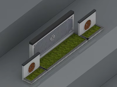 Chinese Style Side Hinged Door Design With Gray Wall Circular Window And Green Lawn 3d model