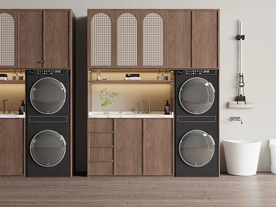 Modern Laundry Room With Built in Washing Machines And Wooden Cabinets 3d model