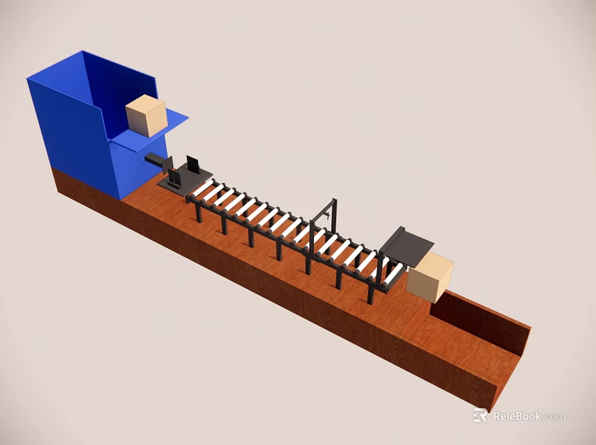 Blue Container Feeding Boxes On Mechanical Brown Conveyor Belt 3d model