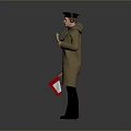 Man Wearing Brown Coat and Hat Holding Binoculars and Red White Flag on Gray Background