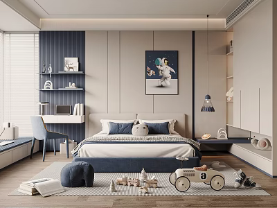 Cozy Kids Room Interior Design With Bed Toys Desk Chair Wall Painting And Shelves 3d model