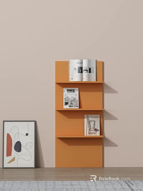 Orange Three Tier Display Shelf With Magazines Photo Frame And Abstract Painting 3d model 