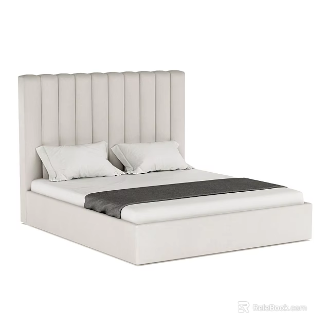 Modern Double Bed With Beige Tufted Headboard Two White Pillows And Gray Bed Runner 3d model