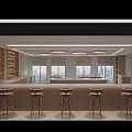 Modern Bar Interior With High Stools Large Windows Wooden Counter And Shelves