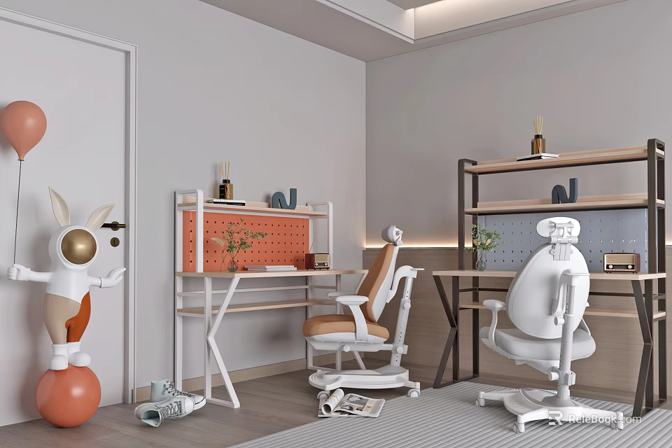 Modern Minimalist Desk Interior With Comfortable Chair Shelf And Decorative Plants 3d model 
