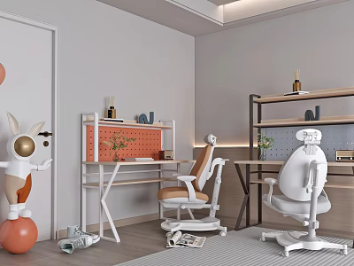 Modern Minimalist Desk Interior With Comfortable Chair Shelf And Decorative Plants 3d model