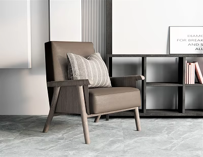 Modern Brown Single Sofa with Striped Cushion and Bookshelf in Minimalist Room 3d model