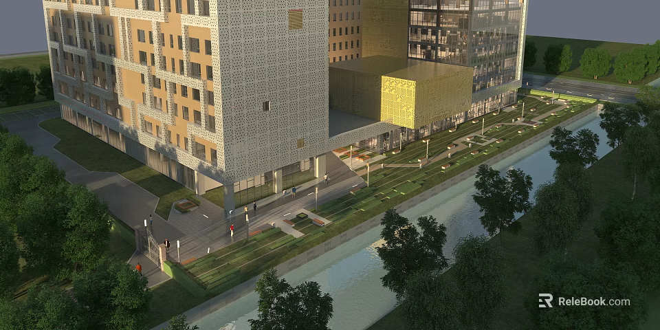 Aerial View Planning of Modern Buildings Water Channel Green Space and Trees 3d model 