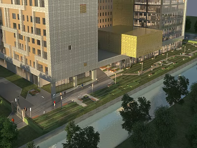 Aerial View Planning of Modern Buildings Water Channel Green Space and Trees 3d model