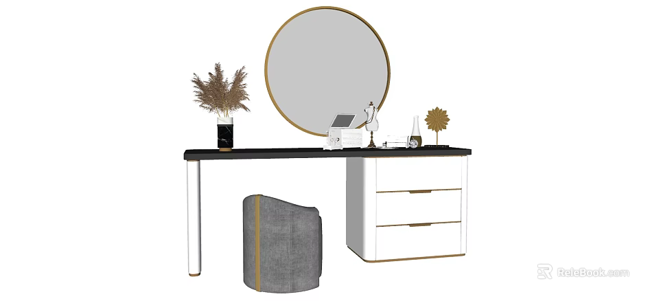 Modern Dressing Table With Round Gold Frame Mirror Black Countertop White Drawers And Grey Stool 3d model 
