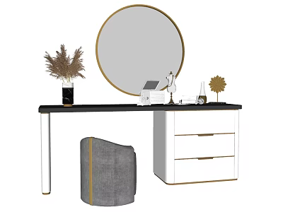 Modern Dressing Table With Round Gold Frame Mirror Black Countertop White Drawers And Grey Stool 3d model