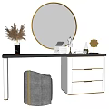 Modern Dressing Table With Round Gold Frame Mirror Black Countertop White Drawers And Grey Stool