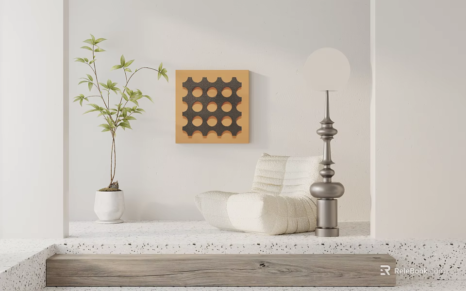 White Bean Bag Sofa With Wooden Base Table Lamp Green Plant And Wall Art 3d model 