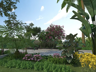 Vibrant Flowering Shrubs in Outdoor Garden With Colorful Flowers Lush Lawn And Palm Leaves 3d model