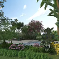 Vibrant Flowering Shrubs in Outdoor Garden With Colorful Flowers Lush Lawn And Palm Leaves