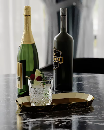 Champagne and Black Liquor Bottles with Glass Ice Lemon Garnish on Gold Tray Dark Countertop 3d model