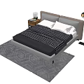 Modern Double Bed With Gray Headboard White Pillows Checkered Quilt Nightstand Lamp Gray Geometric Rug
