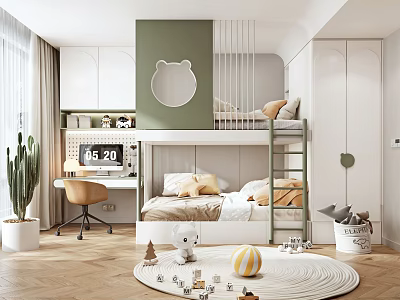 Modern Kids Bedroom Interior With Bunk Bed Study Desk And Toys 3d model