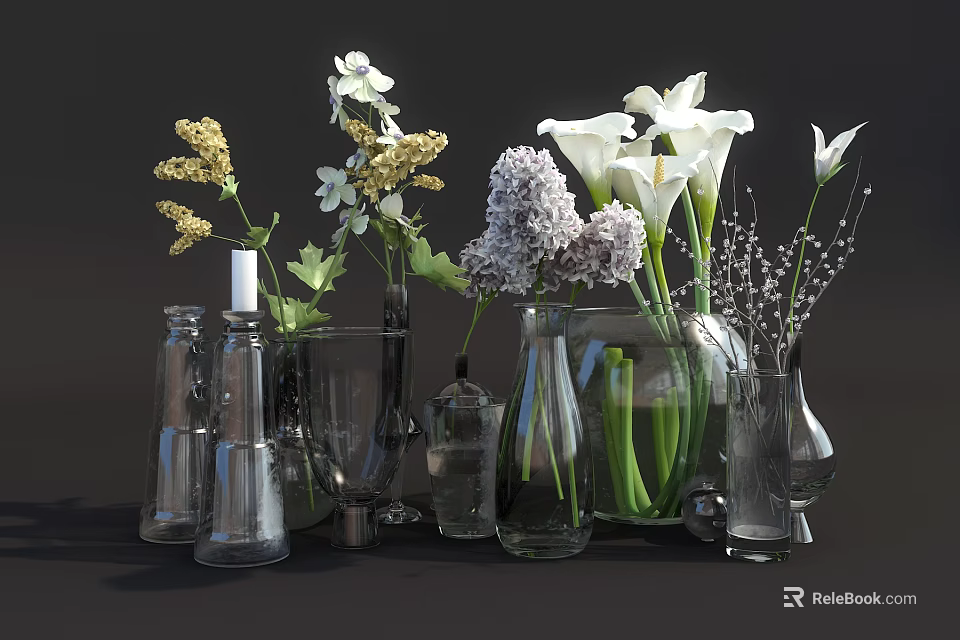 Transparent Glass Vases with White Purple Flowers and Green Leaves Decorative 3d model 