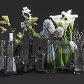 Transparent Glass Vases with White Purple Flowers and Green Leaves Decorative