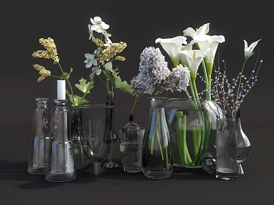 Transparent Glass Vases with White Purple Flowers and Green Leaves Decorative 3d model