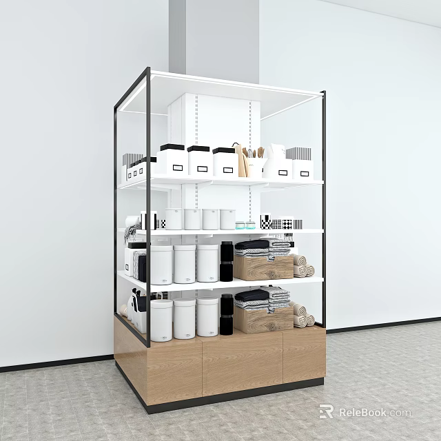 Modern Multi Tiered Display Shelving Unit With White Jars Storage Boxes And Wooden Base 3d model