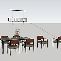 Modern Dining Table And Chairs Set With Wooden Panel Wall And Pendant Light 3d model