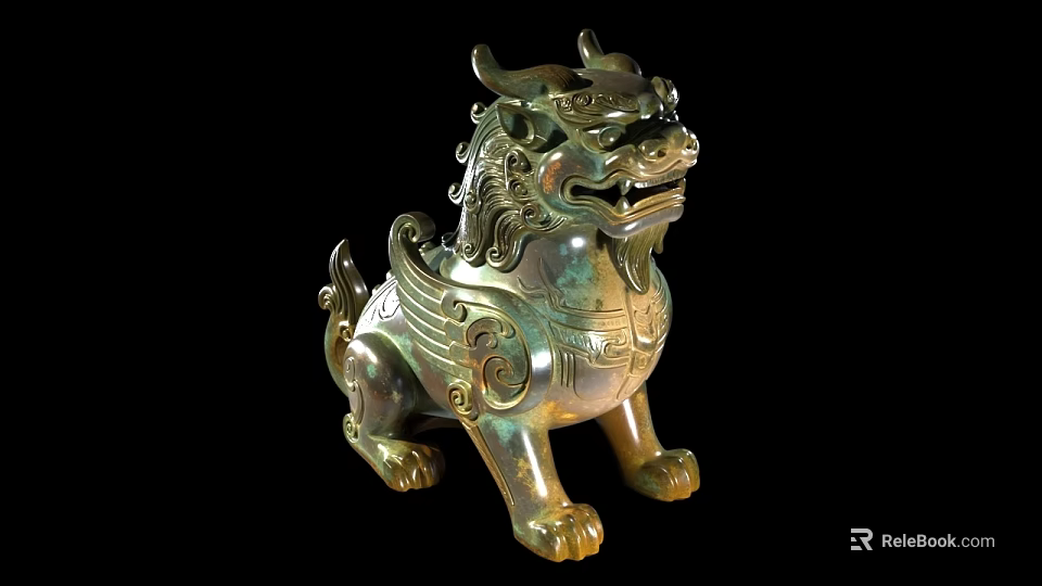 Traditional Bronze Sculpture Carving Of Mythical Beast With Intricate Patterns And Winged Design 3d model 