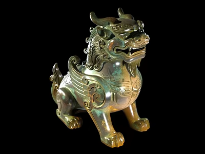 Traditional Bronze Sculpture Carving Of Mythical Beast With Intricate Patterns And Winged Design 3d model
