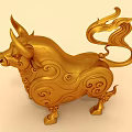 Ornate Golden Ox Sculpture With Intricate Swirl Patterns And Decorative Details
