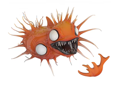Orange Spiky Creature With Large White Eyes Sharp Teeth And Small Part 3d model
