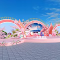 Pink Cherry Blossom Decorated Stage With Arched Structures Blue Sky And Mountain View 3d model