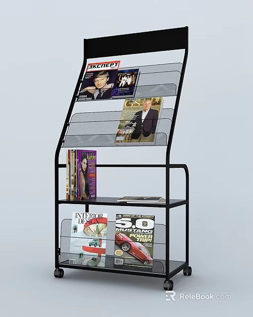 Black Metal Bookcase With Multiple Shelves For Magazine Display Including Sport Interior SO Magazines 3d model 