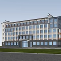 Modern Multi Story Office Building With Red Flag Large Windows And Green Surroundings