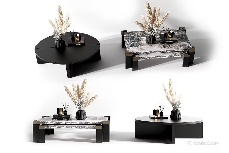 Modern Coffee Table Designs With Marble Top Black Frame And Decorative Vases 3d model