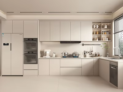 Modern Kitchen Interior With White Cabinets Refrigerator Oven Countertop And Storage 3d model
