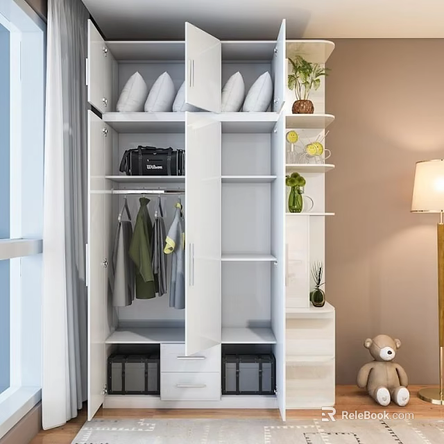 Open Modern Wardrobe Interior With Hanging Clothes Top Storage Boxes Bottom Drawers And Green Plants 3d model 
