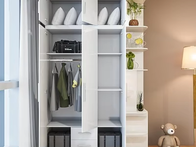 Open Modern Wardrobe Interior With Hanging Clothes Top Storage Boxes Bottom Drawers And Green Plants 3d model