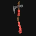 Decorative Medieval Axe With Ornate Metal Head And Red Wrapped Wooden Handle