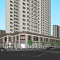 Modern Commercial Street With Tall Buildings Storefronts Pedestrians Trees And Cars