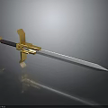 Ornate Sword With Golden Accents Black Hilt And Silver Blade On Dark Surface