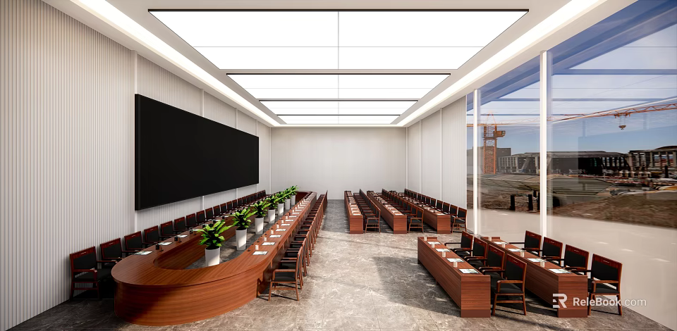 Modern Conference Room Interior With Large Black Screen Curved Table Green Plants And Recessed Lighting 3d model 
